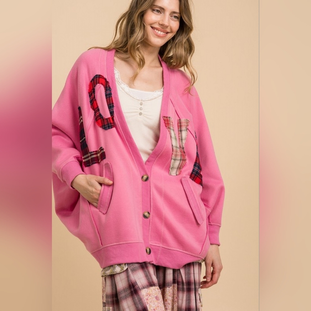 3-1210 *boutique* Oversized LOVE Plaid Pink Fleece Lined Button Cardigan - Picture 9 of 10
